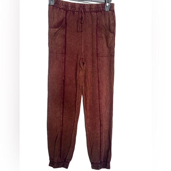 Umgee Wine Burgundy Linen- Cotton Blend Pull on Jogger Pants - Picture 1 of 9